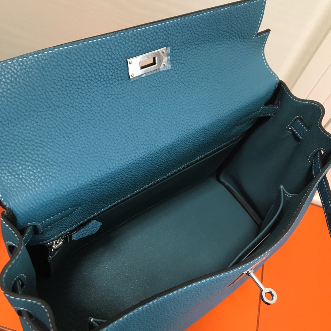 Hermes Kelly 32cm Handbag Shoulder Bag in Blue Jean Togo Leather